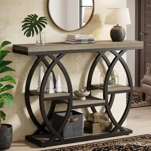 39.4" Industrial Console Table, 4-Tier Narrow Wood Accent Sofa Table, Rustic Brown, Suitable for Living Room, Hallway, Foyer & Entryway, Space-Saving Entry Table, Sturdy Industrial Style for Home Decor & Storage