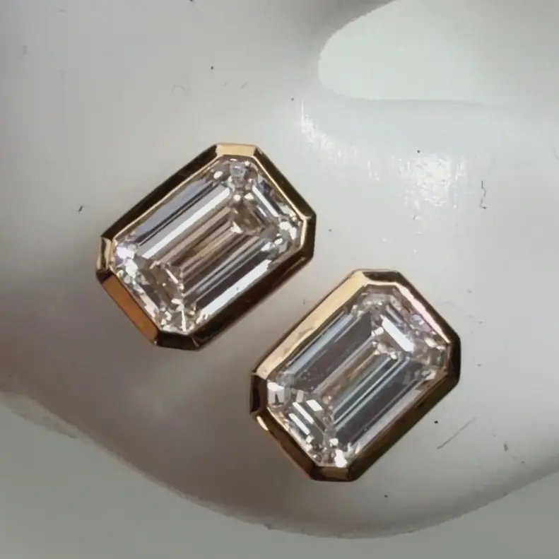 14k Yellow Gold Emerald Lab Diamond Earrings, 2ctw Bezel-Set Push-Back Emerald Earrings
