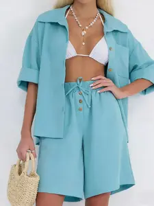 Spring Summer Fashion Short Pants Solid Color Shirt Two-Piece Set Casual Loose Fit Short Sleeve Women's Shorts Casual Outfits Set
