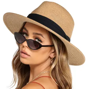 Womens Mens Wide Brim Straw Panama Hat Fedora Summer Beach Sun Hats UPF Straw Hat for Women