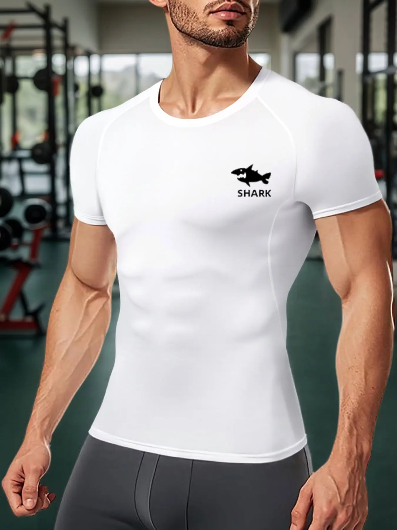 Men's Shark Print Tight-Fit Short Sleeve Gym Tee, Quick-Dry Running Training Top, Summer Sporty Style Fitness Shirt