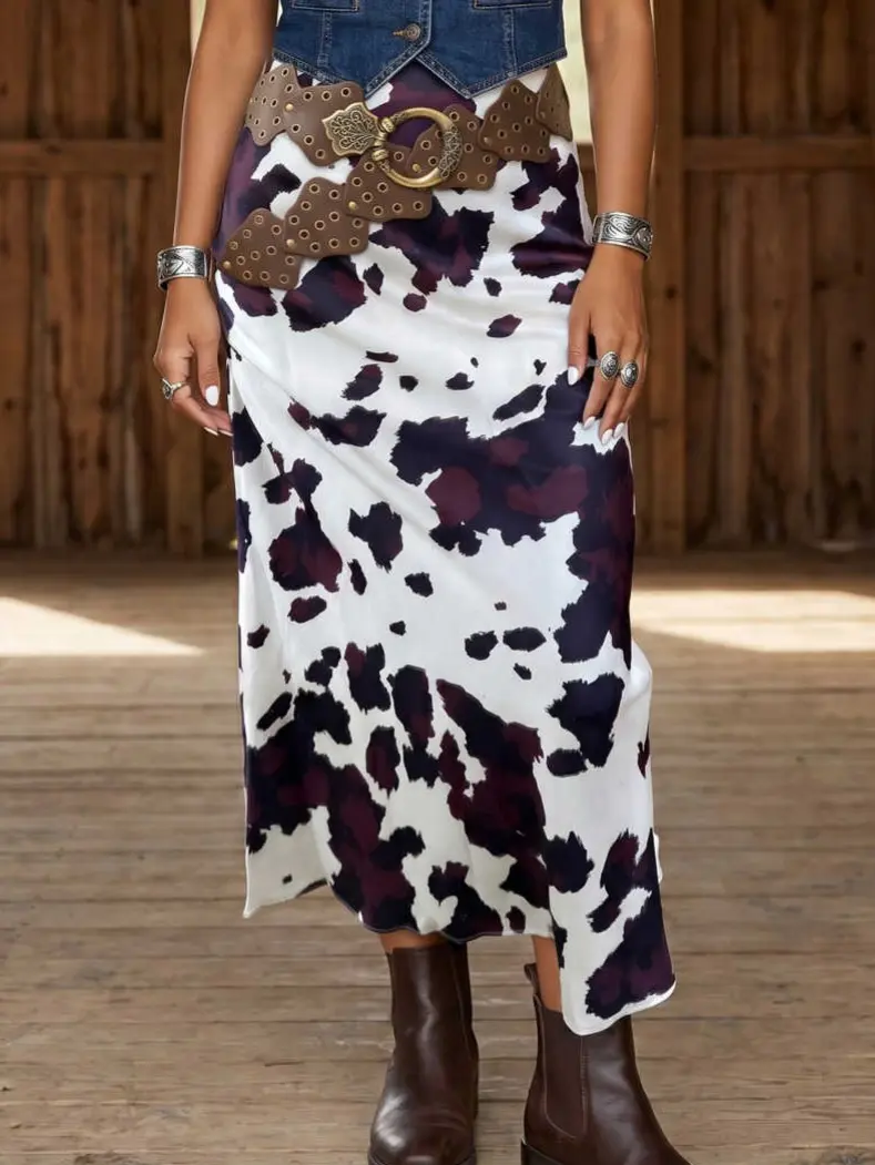 Women’s Western Cow Print Long Skirt, Abstract Print Casual Maxi Skirt with Metal Zip Waist, Relaxed Fit Flowy Bottom for Everyday Wear, Weekend and Travel Outfits, Womenswear