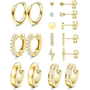 FINREZIO 9 Pcs Golden Silvery Stainless Steel Ear Hoops Studs for Women Men Gentle Huggies Earring Set Mini Earrings Set for Multiple Piercing Tiny Ball Shining CZ Huggie Hoop Earrings