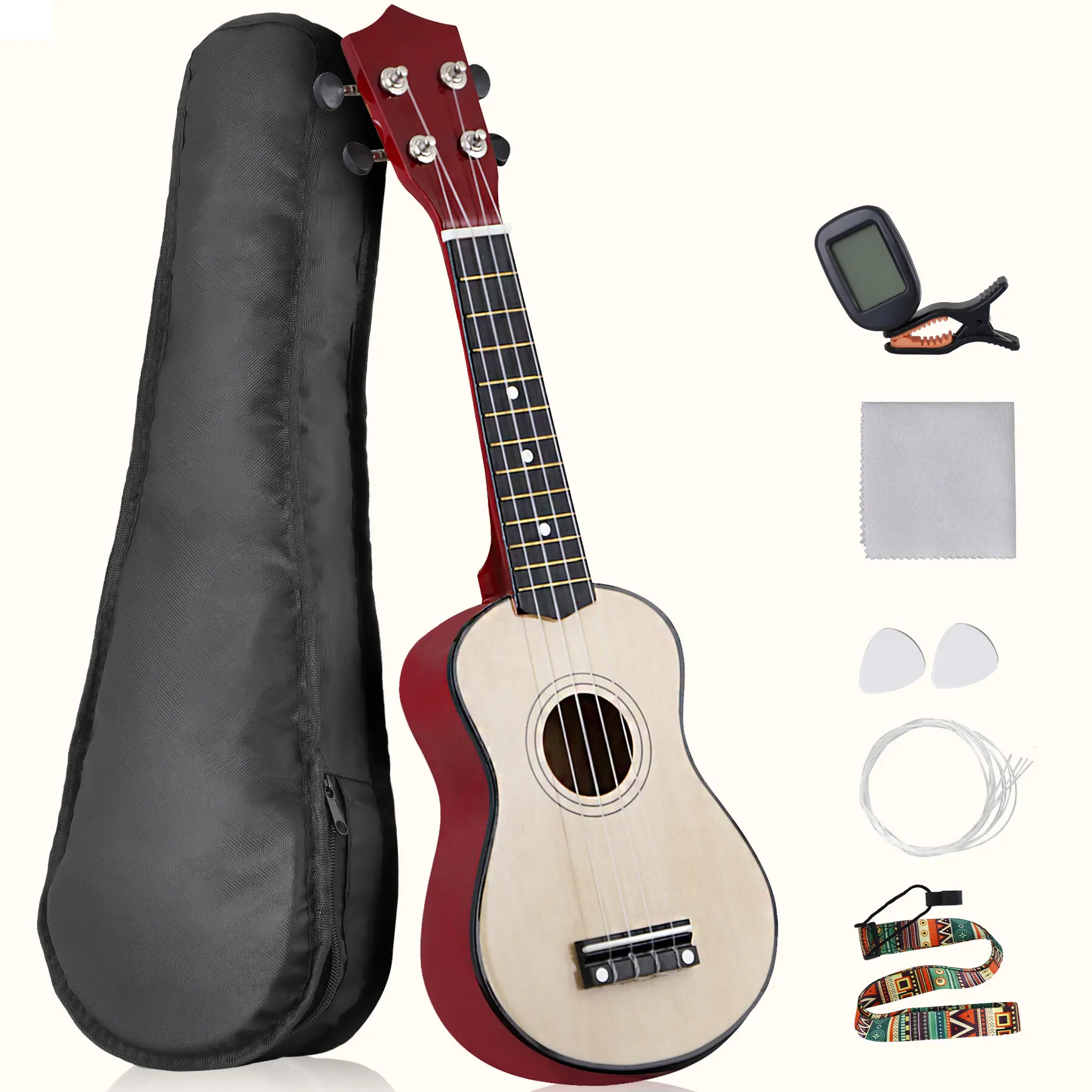 Zeny 21-in Basswood Soprano Ukulele Kit with Fingerboard, Frets for Beginner Kids - Includes Gig Bag, Digital Tuner, 1 x Shoulder Strap, Nylon Strings, Guitar String Set, Natural Finish, Versatile for Multiple Musical Styles, 1 X 38'' Ukulele
