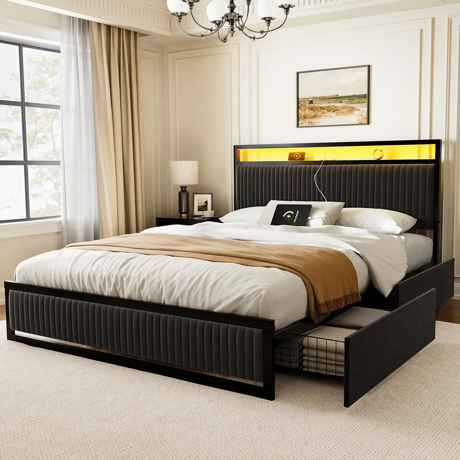 Modern Bed Frame with Headboard & Storage 2 Drawers Upholstered Velvet Platform Queen Size with RGB LED & Charging Station Furniture