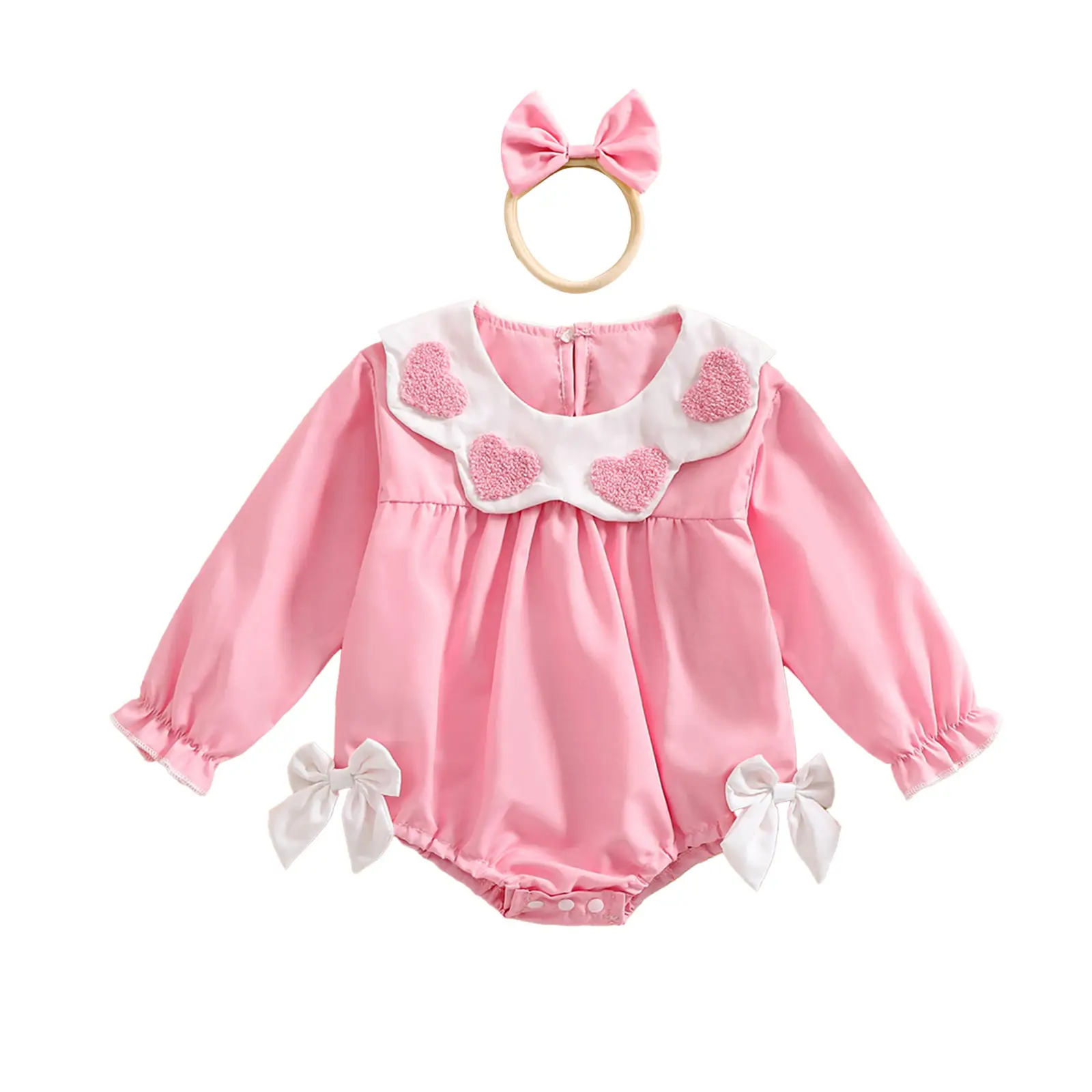 Newborn Baby Girl Valentines Day Outfit Heart Embroidery Doll Collar Puff Long Sleeve Smocked Romper Cute 3D Bow Knot Bodysuit Spring Warm Jumpsuit