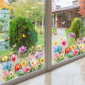Colorful Flower Pattern Static Cling Window Sticker, Removable Window Decal, Double-sided Printed Home Decor, No Glue Glass Door Decoration Sticker, Ornaments, Decorative Sticker, Sticker Decorations