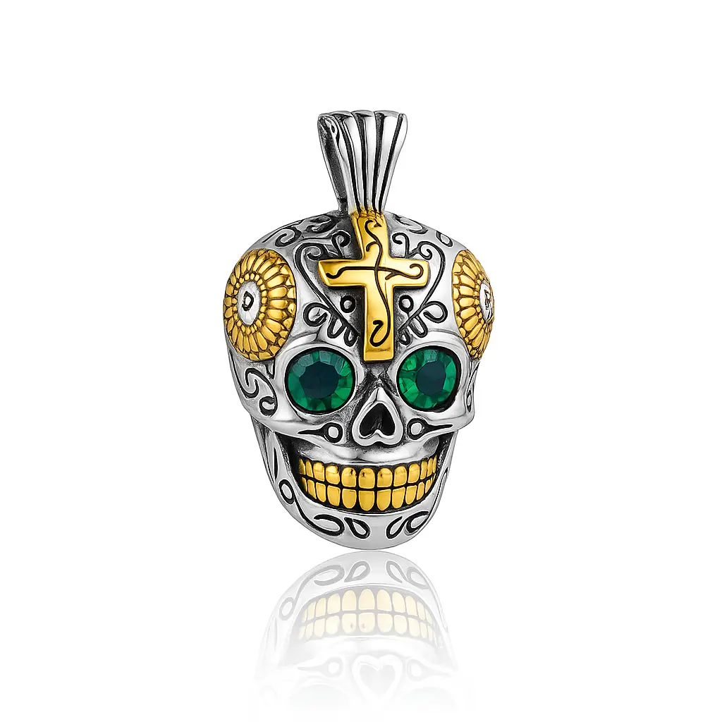 Unisex Bold Gothic Skull Crystal Pendant Necklace - Stainless Steel, Green Non-Natural Crystal Eyes, Cross Detailing, Twist Design, Pearl Accent, Casual Punk Streetwear Jewelry for Halloween