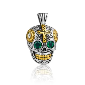Gothic Skull Pendant Necklace Halloween Punk Streetwear Jewelry, Green Crystal Eyes, Spooky Vintage Style (Pendant Only / With Chain)