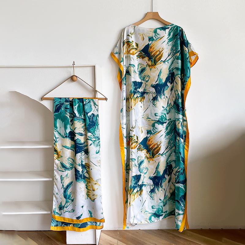 Women's Long Shawl Set Floral Print Robe Set with Shawl Collar Dress, Long Scarf Headband