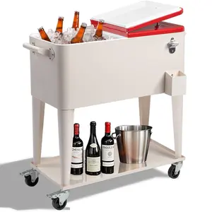 【Summervibes】Ubesgoo 80 Quart Rolling Ice Chest, Portable Bar Drink Cooler with Catch Basin, Bottom Storage Tray and Bottle Opener for Patio Party BBQ Beach Activities