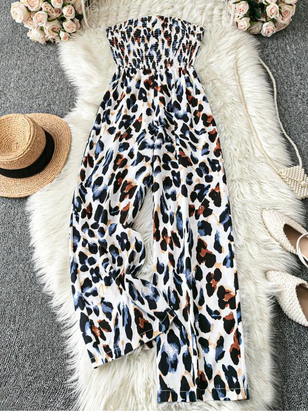 Women's Leopard Print Shirred Wide Leg Jumpsuit, Casual Sleeveless Tube Jumpsuit for Vacation Holiday, Ladies Clothes for All Seasons
