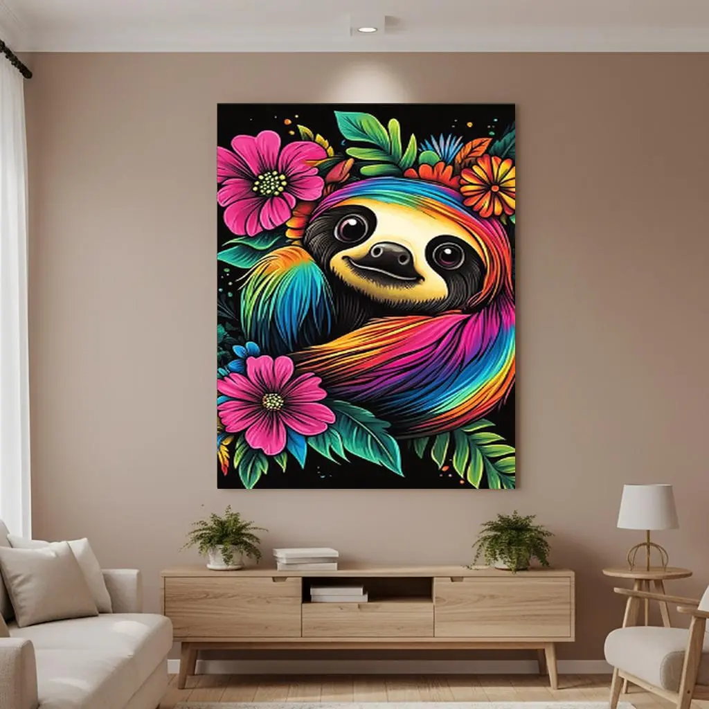 Thick Decorative Animal Sloth Painting - 1pc Wooden Framed Glossy Paper Colorful Single Print Canvas Wall Art, 2x0.9in Ready-to-Hang Poster, Perfect Occasion Gift for Bedroom Living Room Home Decor