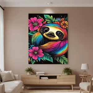 Framed 1pc Wooden Framed Colorful sloth Canvas , Ready to Hang,  2, /0, 9inch High-Quality Wall Picture Art Prints Poster Wall Decor for Bedroom Bathroom Living room, New Year Halloween Christmas Xmas Birthday Festival Gifts