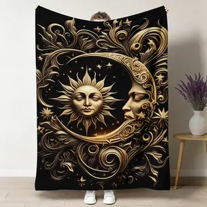 Vintage Golden Sun & Moon Celestial Print Flannel Throw Blanket - Ultra-Soft Plush, Breathable Fleece, Multi-Size, Cozy Warm for Couch & Bedroom, Ideal Astrology Decor & Gift for Celestial Lovers, All-Seasons Use, Blankets for Bedroom, Throw Blankets