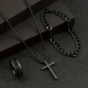 Men's Versatile Alloy Jewelry Set |   3pcs/set |   Alloy |   Cross Pendant Necklace + Bracelet + Ring Set
