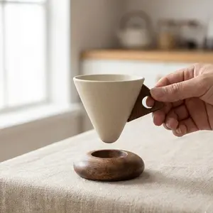 Wabisabi Conical 3.42 oz/100 ml Espresso Cup, Ceramic & Acacia Wooden Material, Aesthetic Triangular Unique Elegant Modern Design for Home & Office, Beverage Drinkware with Handle Porcelain Mug for Coffee & Tea