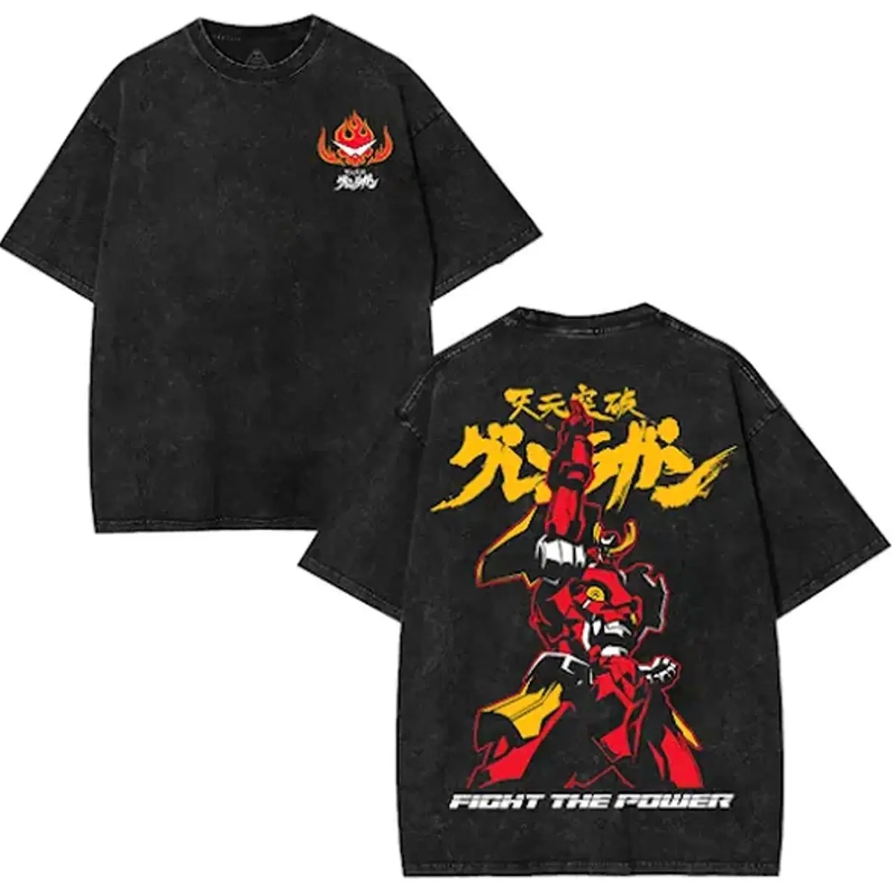 Gurren Lagann Oversized Tee - Washed Heavyweight Cotton, Double Printed Kamina, Simon Mecha Graphic with Spiral Energy Aesthetic, Vintage Anime Streetwear Style perfect tshirt Fabric Menswear LEL
