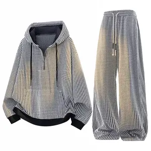 Men's Casual Houndstooth Tracksuit, Half-Zip Hooded Sweatshirt + Wide-Leg Pants 2-Piece Street Style Set