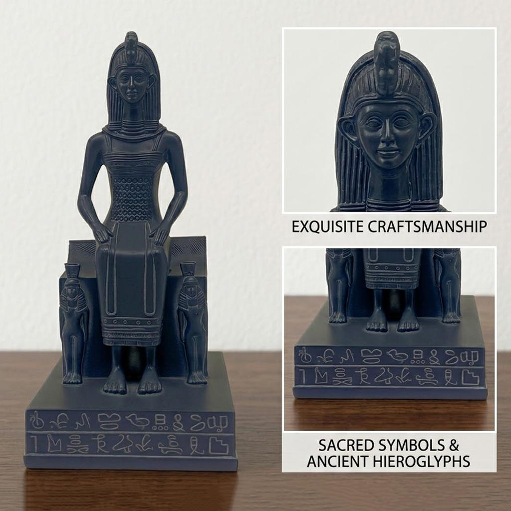 Ancient Egyptian Goddess Isis Seated on Throne Statue - Black Resin Nefertari Queen Sculpture with Hieroglyphic Base | Divine Feminine Home Decor, Spiritual Altar Figurine | Large Mythological Collectible Art Gift