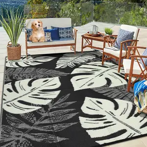 GARVEE Waterproof 8x10 Outdoor Rug for Patio Reversible Plastic Straw Rug Tropical Camping Carpet with Carry Bag, Stain & UV Resistant Portable RV Carpet for Camper Deck Balcony Porch Beach Picnic,Black