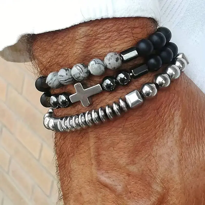 3PCS Beaded Cross Bracelet Set for Women Men Natural Tiger Eye Volcanic Stone Stretch Bracelet for Women Men Bracelets for Women Bracelets for Men Halloween, Christmas, Birthday Personalized Gifts for Men