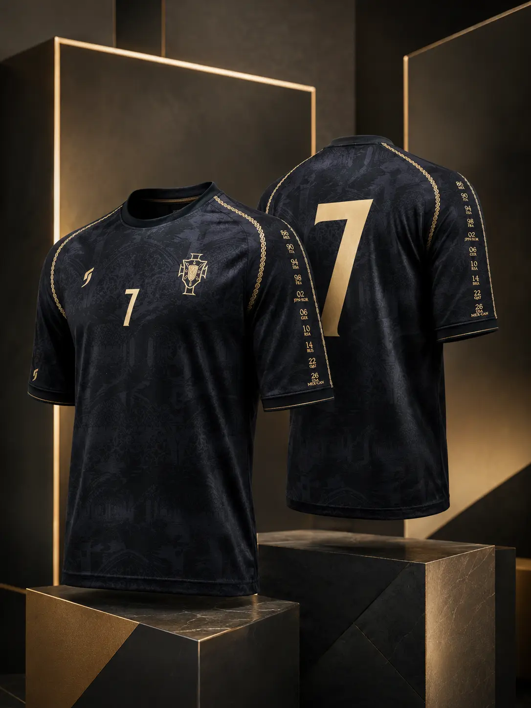 Portuguese Football Soccer Jersey - Black Portugal-Inspired Number 7 Front-Back Fan Top with Tonal Artwork, Heritage Sleeve Athletic Streetwear for Watch Parties