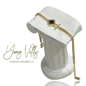 Thin bracelet for women with black clover design 7 inches + extension gold plated