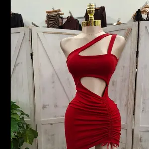 Red Ruched Dress with Cutout Design for Women