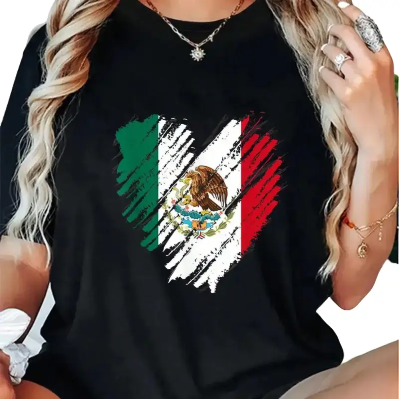 Unisex Short-Sleeve 100% Cotton Loose-Fitting Crew Neck Sports Top, Mexico City Heart Flag Digital Print Casual Streetwear Tee, S-2XL Sizes - Consult Size Chart