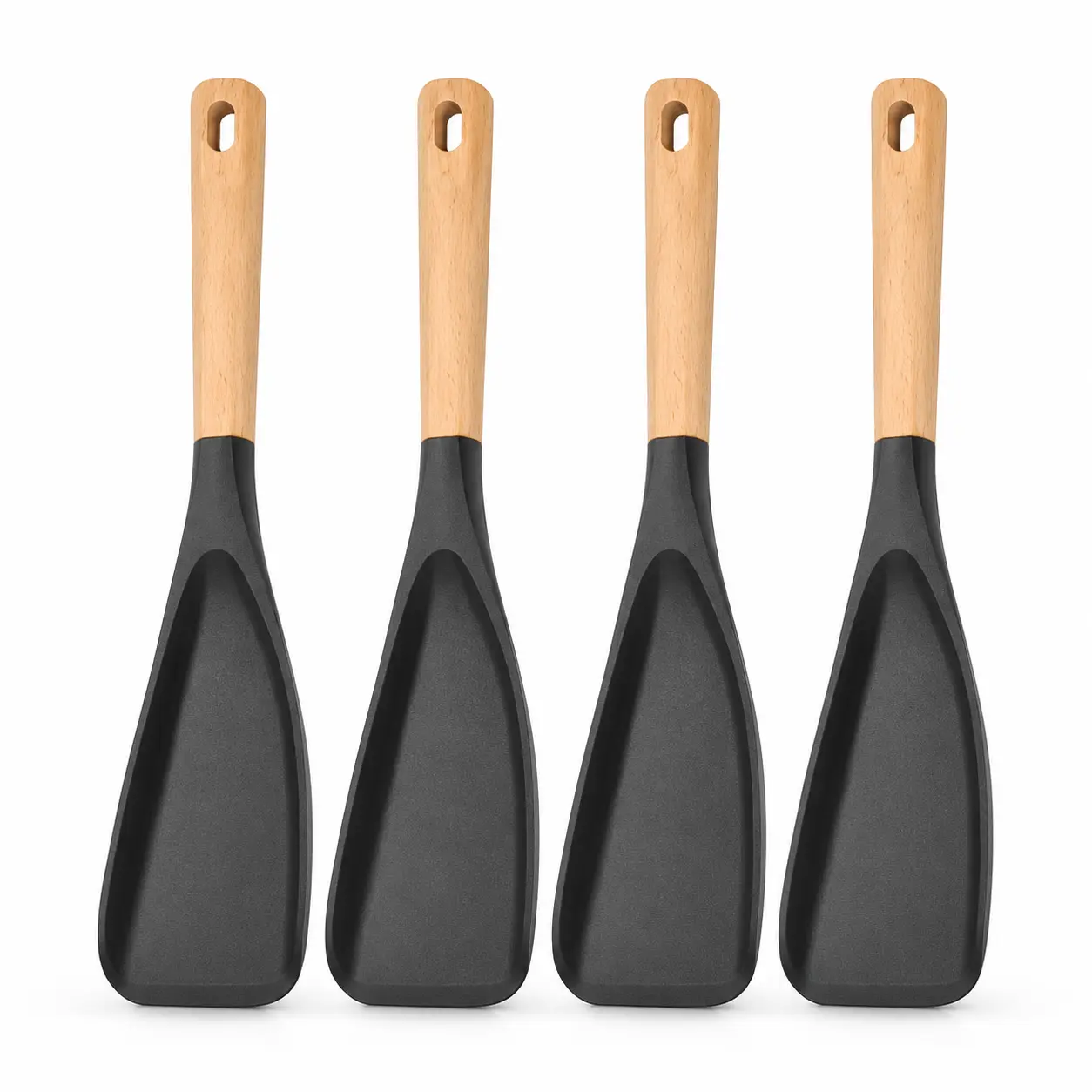 4 Pack Silicone Salad Serving Spatulas, Wooden Handle Kitchen Utensils, Wide Scoop Turner Spoons for Mixing, Tossing, Cooking and Serving, Nonstick Cookware Tools, Black Cookware