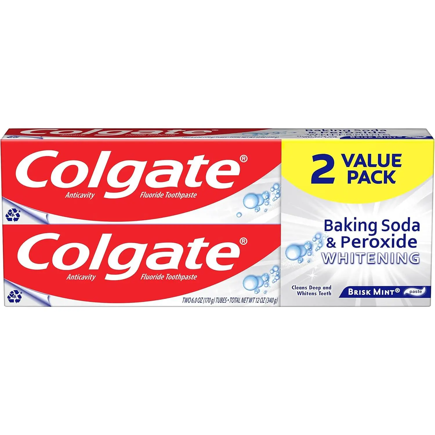 Colgate Baking Soda & Peroxide Whitening Toothpaste, Cavity Protection & Stain Removal, Brisk Mint, 6 oz Tubes, 2-Pack