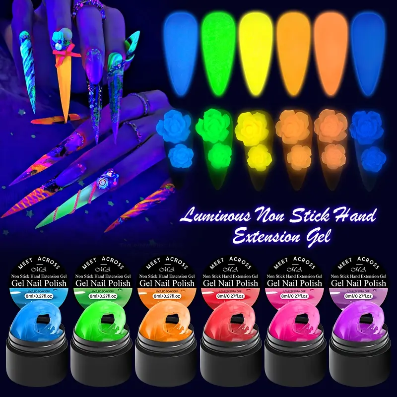 MEET ACROSS 8ml Luminous Non Stick Hand Extension Gel, Glow-in-Dark Neon Vivid Colors Solid Gel Building Nail Gel for 3D Modeling Gel Long-Lasting Nail Extension Gel for Home Salon Nail Art DIY, Nail Polish Gel, Manicure, Nail Care, Gel Builder
