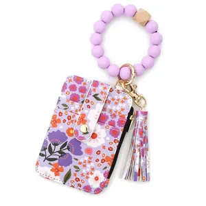 1pc Women's Bohemian Style Beaded Tassel Decorated Floral Pattern Wallet, Bohemian Wrist Wallet, Silicone Bead Tassel Wallet, Fashion Keychain Bag Accessory