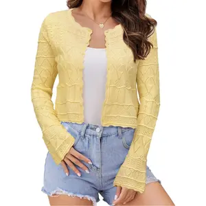 Women's Cropped Cardigan Sweater Bell Long Sleeve Lightweight Crochet Button Down Knit Bolero Shrugs for Dresses