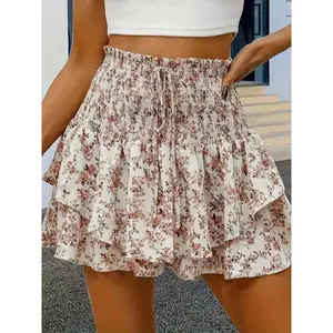 Women's Floral Print Woven Fabric Frill Trim Shirred Tiered Layer Shorts, Casual Lightweight Loose High Waist Tie Front Drawstring Wide Leg Shorts for Spring & Fall, Women's Bottoms for Daily Wear, Womenswear
