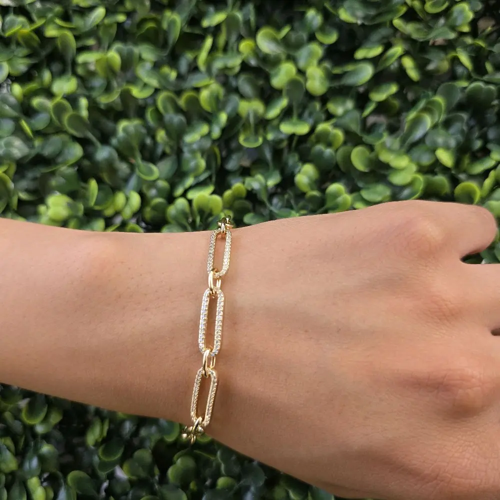 Oval Cable Link Chain with Encrusted Paper Clip Links 14k Gold Plated Bracelet