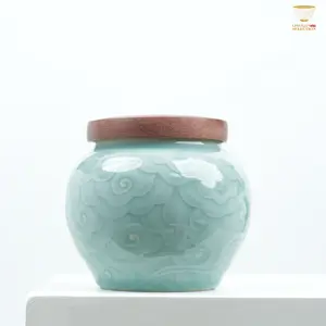 【Celadon Cloud Motif Tea Caddy From Lei Huixian】 – Handcrafted Porcelain Jar with Premium Wood Lid | Elegant Tea Storage for Gifting & Collecting