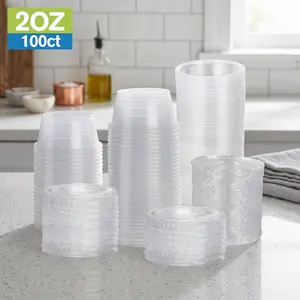 2oz Disposable Plastic Cups with Lids 100 Set Jello Shot Souffle Portion Cups for Sauce Condiments Desserts