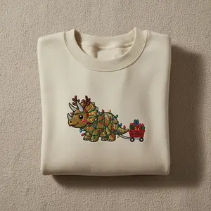 Embroidered Triceratops Christmas Sweatshirt, Funny Dinosaur Xmas Lights Shirt, Cute Dino Holiday Crewneck Gift Cotton Embroidery