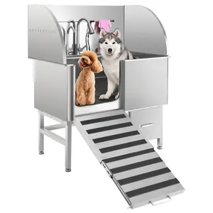 Dog Grooming Tub, Professional Stainless Steel Dog Wash Station, Left-Opening Door Ramp, Pull-Out Faucet, Large Storage Drawer & Floor Grate, for Large, Medium & Small Pets