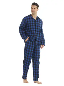 Men's Plaid Warm Set, Cotton Casual Long Sleeve Pants, Pocket Drawstring, Flannel Comfortable for Fall & Winter, Christmas New Year Home Wear