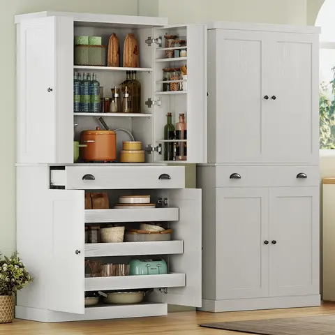 【2 Packages Shipping】IRONCK Kitchen Pantry Cabinet 72" Height, Freestanding Cupboard with Drawer, Sliding Storage Rack, and 6 Hanging Shelves for Dining Room, Laundry