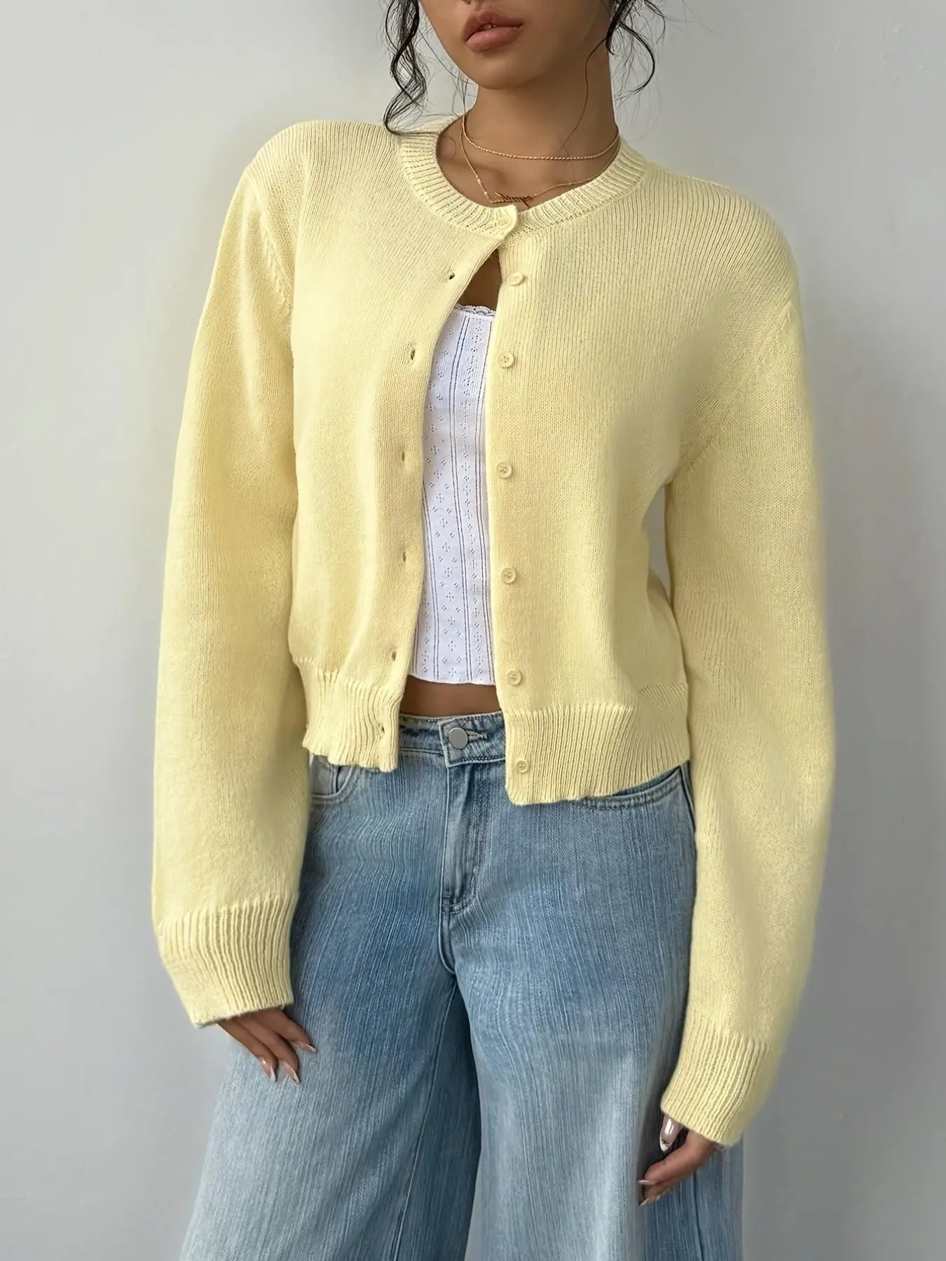 Women's Y2K Style Fitted Long Sleeve Knit Top, Basic Plain Color Button Front Cardigan, Casual All-Season Outer Vest, Soft Comfortable Daily Wear Knitwear Knitting