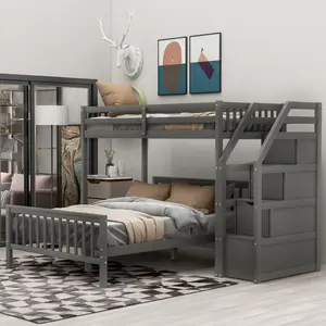 Twin Over Full Bunk Bed with Stairs, Solid Wood Bunk Bed Frame with Storage