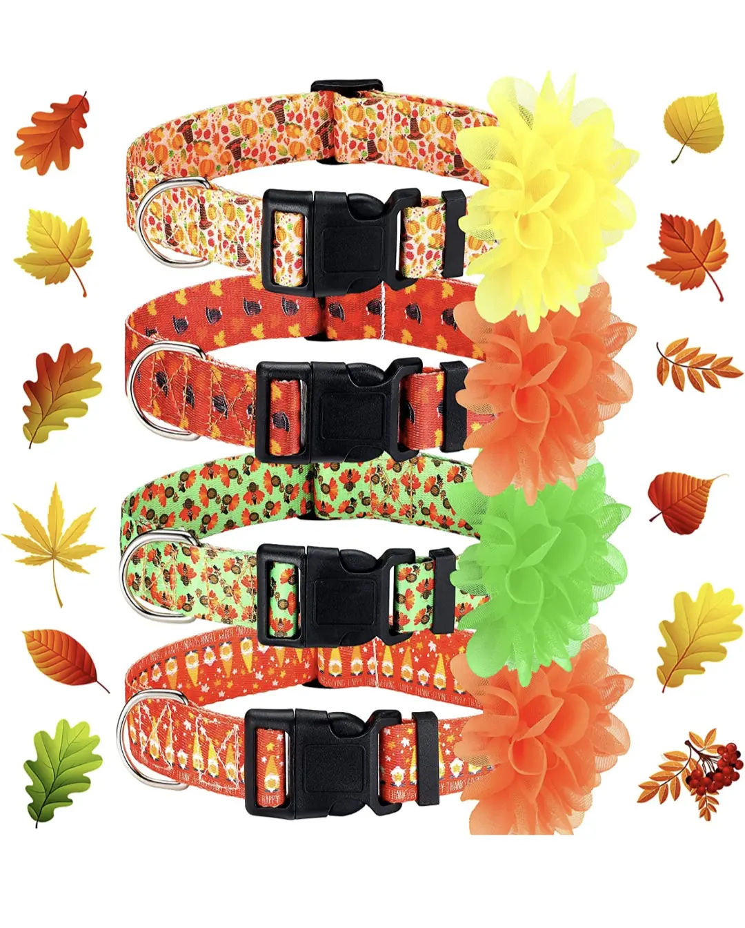 Sparky & Co Breathable Soft Fabric Fall Print Dog Collar - Bandana Style with Flower Decoration, Bandana Head Wrap for Dachshund, Everyday Wear (Assorted Designs)