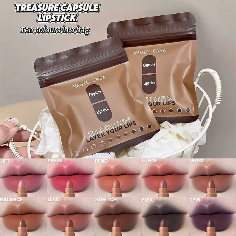 10-piece set of mini lipsticks, moisturizing, Hydrating and silky, long-lasting and non-fading, brown capsule lipstick, portable, matte lip care, lip makeup festive gift for women and students