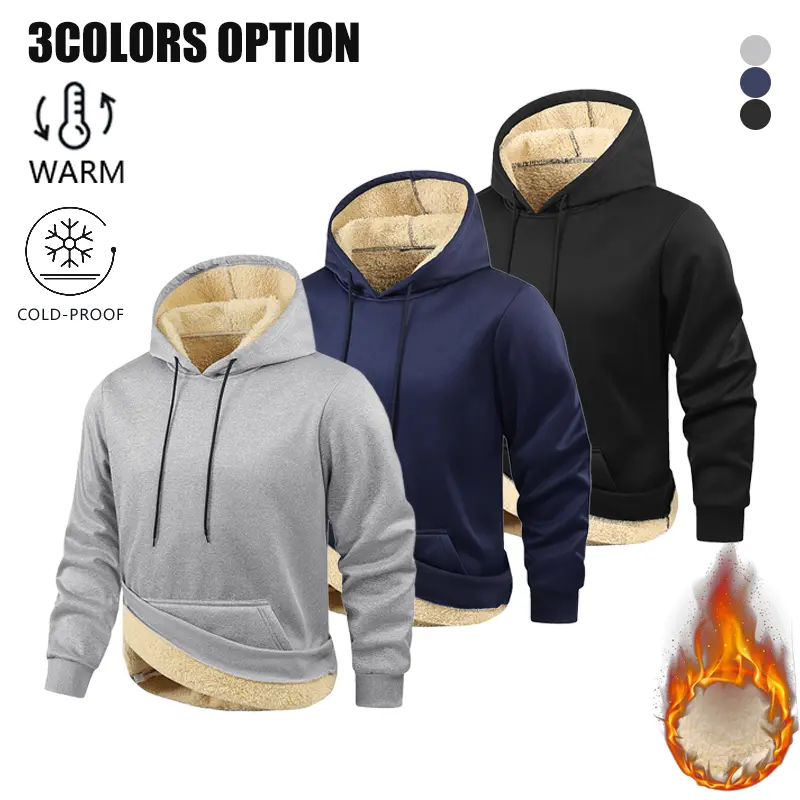 Men’s Thick Fleece-Lined Hooded Sweatshirt for Autumn/Winter, Solid Color Pullover Long Sleeve Hoodie, Outdoor & Home Wear, Cold-Resistant Heat Retention, Fleece Warm Basic Sportswear Top