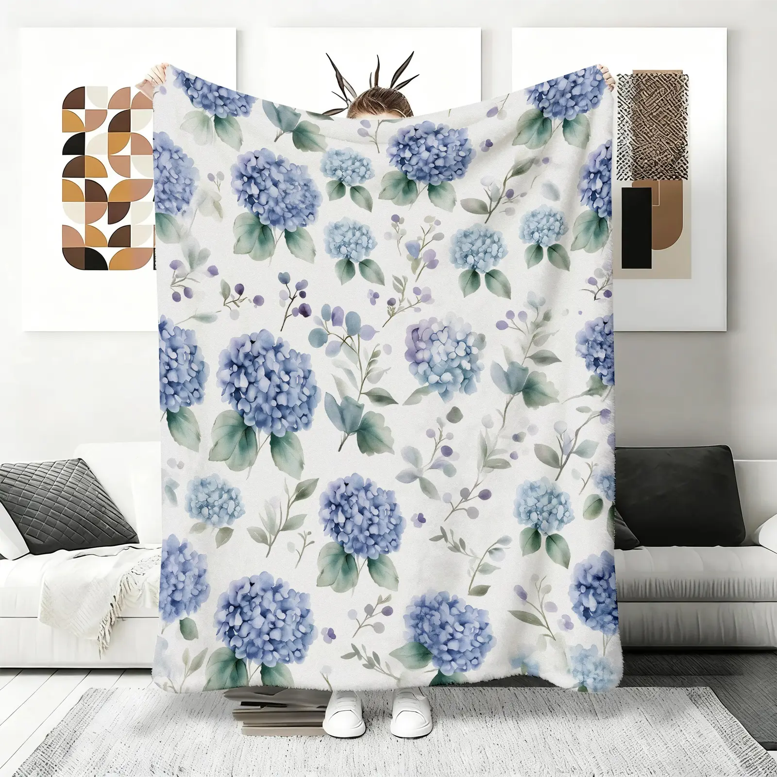 Handmade Crochet Hydrangea Print Fluffy Blanket - Super Soft, Wrinkle Resistant Plush Flannel Fleece, White & Blue Floral Bedding, Living Room Accent, Vintage Cozy Setup Gift for Adults, Snug as a Bug in a Rug Blue Mellow Throw, Crochet Fabric