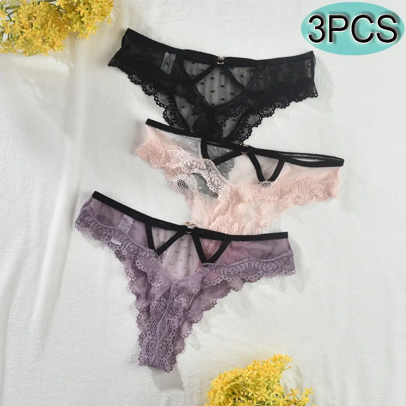 3Pcs Lace & Mesh See-Through Sexy Low-Rise Hollow Out Thong Sexy Panties thong solid color sexy comfortable Women's Scallop breathable comfortable breathable comfy sexy panty Women's Breathable